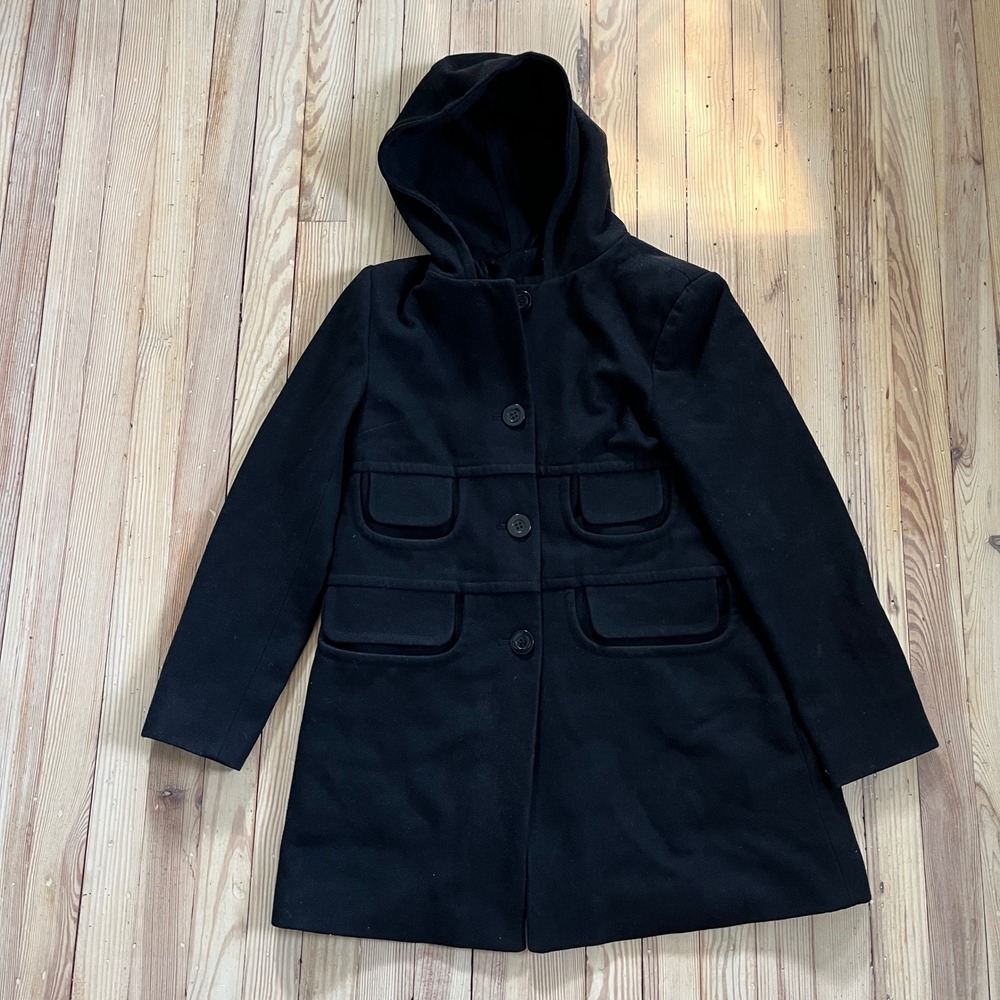 Nine West Hooded Wool Blend Coat Womens Size 8 Black Button Front Mid Length